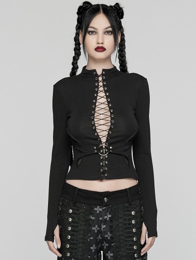 Punk Rave Black Gothic Punk Sexy Drawstring Long Sleeve T-Shirt for Women