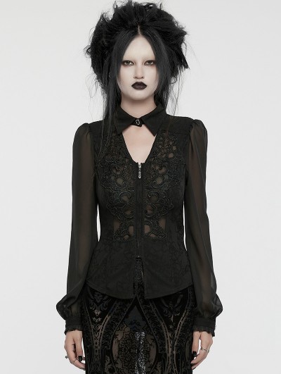 Punk Rave Black Gothic Hollow Out Lace Applique Zip Front Shirt for Women