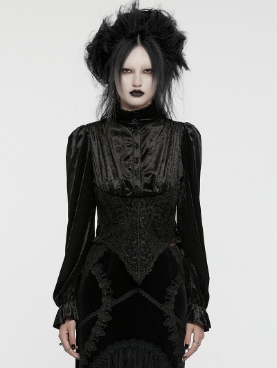 Punk Rave Black Retro Gothic Velvet Ruffle Shirt for Women