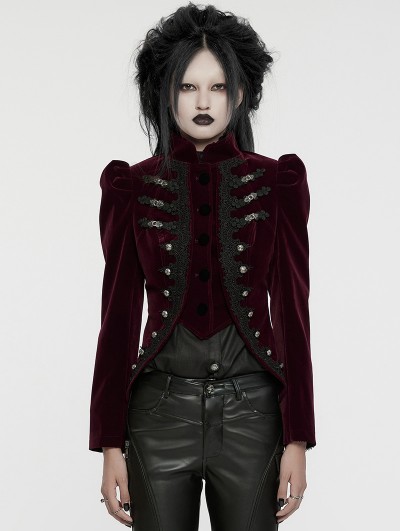 Punk Rave Red Retro Gothic Lace Appliqued Velvet Short Coat for Women