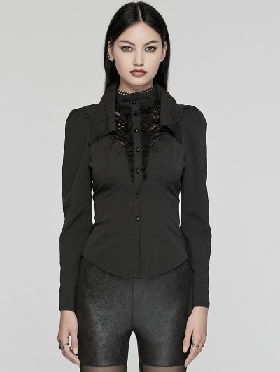 Punk Rave Black Gothic Double-Collar Lace Splicing Shirt for Women