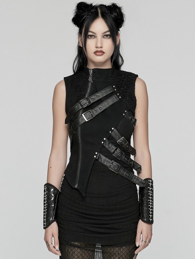 Punk Rave Black Gothic Punk Asymmetric Hollow Sleeveless Vest Coat for Women