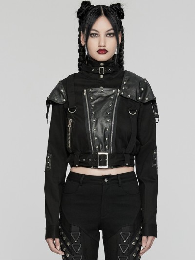 Punk Rave Black Gothic Punk Studded Leather Military Style Short Jacket for Women