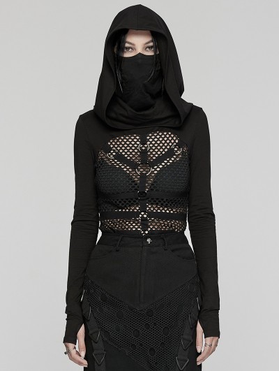 Punk Rave Black Gothic Punk Sexy Mesh Hooded Mask T-Shirt for Women