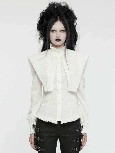 Punk Rave White Retro Gothic Wide Shoulder Ruffle Long Sleeve Shirt for Women