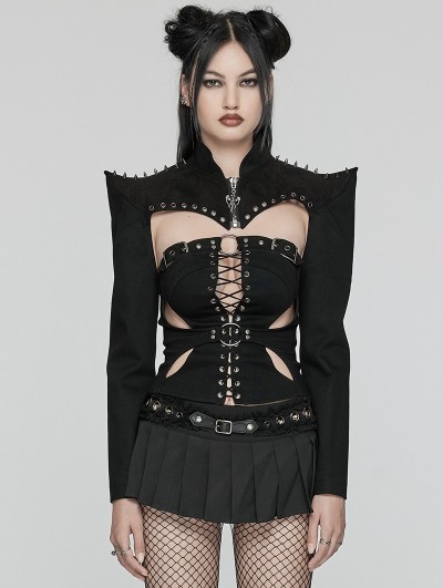 Punk Rave Black Gothic Punk Spiked Rivet Ultra Short Jacket for Women