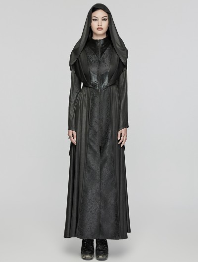 Punk Rave Black Gothic Texture Pleated Witch Hooded Long Coat for Women