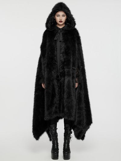 Punk Rave Black Gothic Faux Silver Fox Fur Winter Warm Hooded Cloak for Women