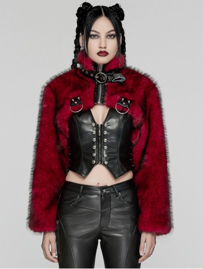 Punk Rave Black and Red Gothic Punk Personalized Zipper Short Fur Jacket for Women