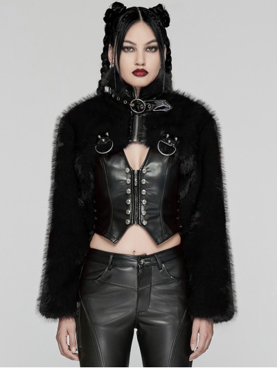 Punk Rave Black Gothic Punk Personalized Zipper Short Fur Jacket for Women