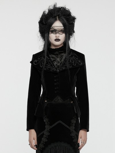 Punk Rave Black Retro Gothic Embroidered Stand Collar Velvet Coat for Women