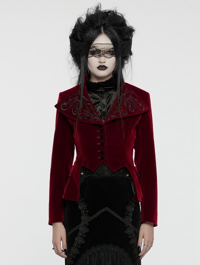 Punk Rave Red Retro Gothic Embroidered Stand Collar Velvet Coat for Women