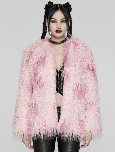 Punk Rave Pink Gothic Leopard Print Lined Faux Fur Jacket for Women