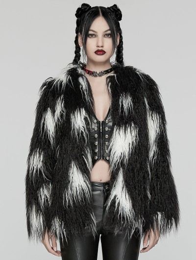 Punk Rave Black and White Gothic Leopard Print Lined Faux Fur Jacket for Women