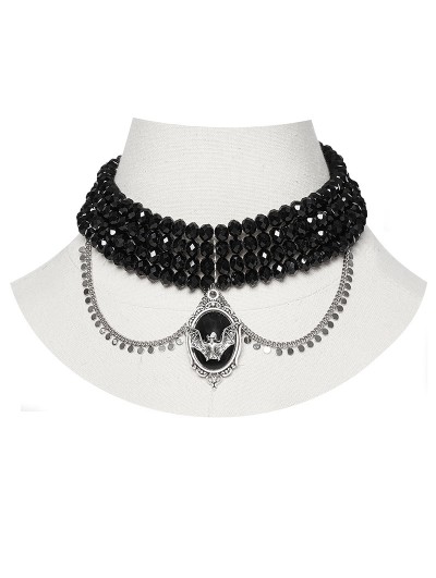 Punk Rave Black and Silver Gothic Noble Beaded Bat Pendant Choker