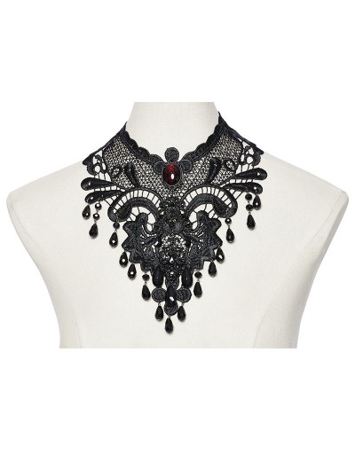 Punk Rave Black Gothic Retro Lace Ruby Pendant Collar