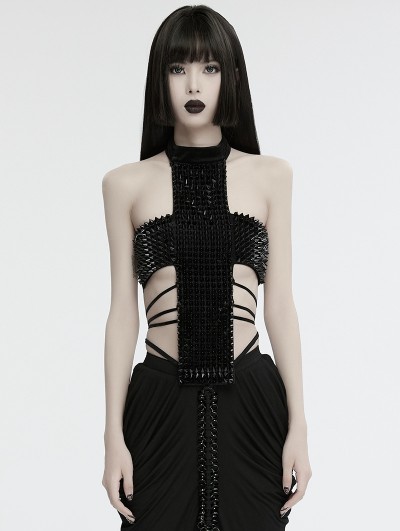 Punk Rave Black Gothic Punk Spiked Rivet Cross Halter Top