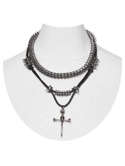 Punk Rave Dark Grey Vintage Bead Spine Cross Necklace Set