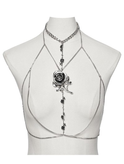 Punk Rave Silver Retro Gothic Rose Harness Chain Necklace