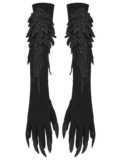 Punk Rave Black Gothic Devil's Claw 3D Wing Embroidery Gloves