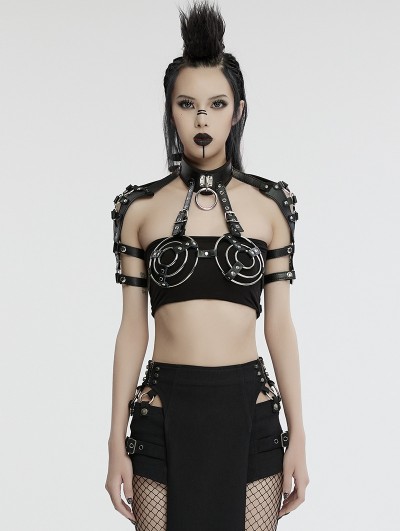 Punk Rave Black Gothic Punk Circular Ring Faux Leather Harness