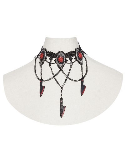 Punk Rave Black Gothic Halloween Red Rose Blade Pendant Choker