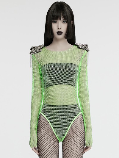 Punk Rave Green Gothic Punk Spike Tassel Sexy Mesh Bodysuit