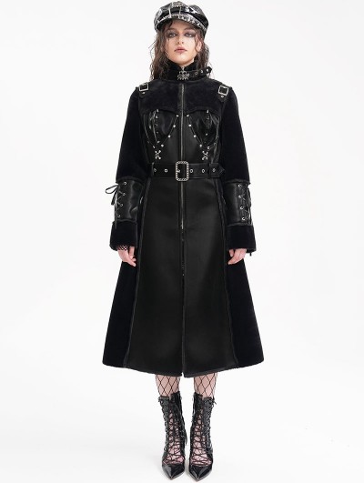 Devil Fashion Black Gothic Punk Zip Up Buckle Faux Leather Long Coat for Women