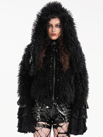 Devil Fashion Black Gothic Faux Fur Short Hooded Jacket for Women