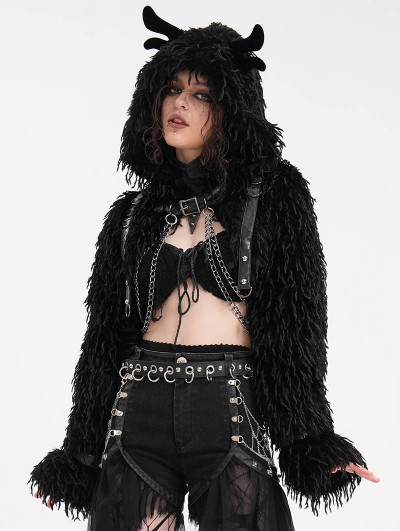 Devil Fashion Black Gothic Punk Open Front Faux Fur Cropped Hooded Jacket for Women