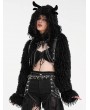 Devil Fashion Black Gothic Punk Open Front Faux Fur Cropped Hooded Jacket for Women