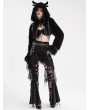 Devil Fashion Black Gothic Punk Open Front Faux Fur Cropped Hooded Jacket for Women