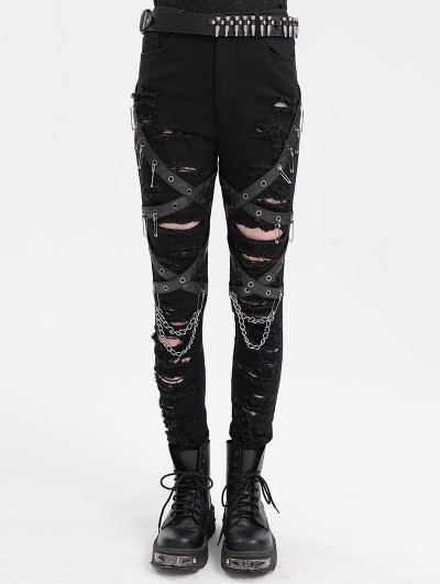 Devil Fashion Black Gothic Punk Distressed Slim Fit Long Pants for Women