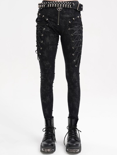 Devil Fashion Black Gothic Punk Skull Studded Skinny Zip-Up Pants for Women