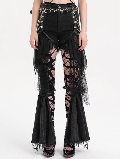 Devil Fashion Black Gothic Punk Spider Web Chain Denim Hot Pants for Women