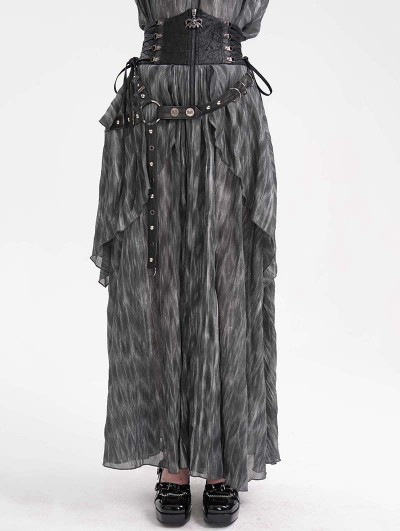 Devil Fashion Grey Gothic Irregular Ruffle Flowy High Waist Maxi Skirt