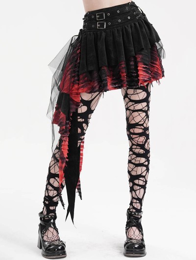 Devil Fashion Black and Red Gothic Punk Mesh Splicing Pleated Mini Skirt