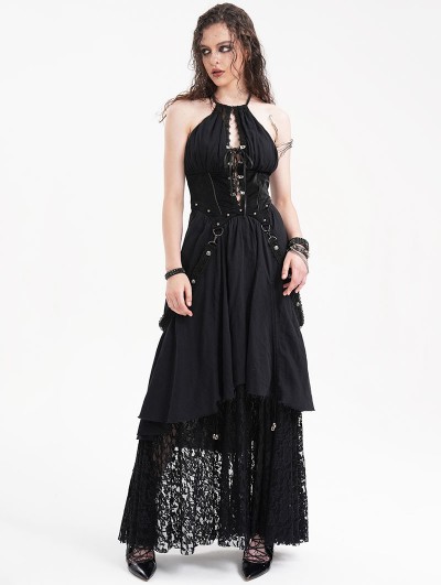 Devil Fashion Black Gothic Sexy Hollow Out Halter Layered Maxi Dress