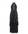 Devil Fashion Black Gothic Sexy Hollow Out Halter Layered Maxi Dress