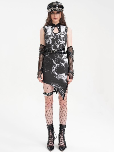 Devil Fashion Black Gothic Printed Punk Asymmetric Sleeveless Cheongsam Dress