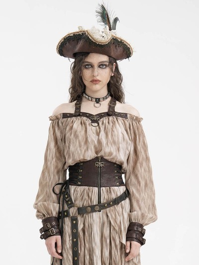 Devil Fashion Brown Gothic Steampunk Off-the-Shoulder Halter Long Sleeve Top for Women