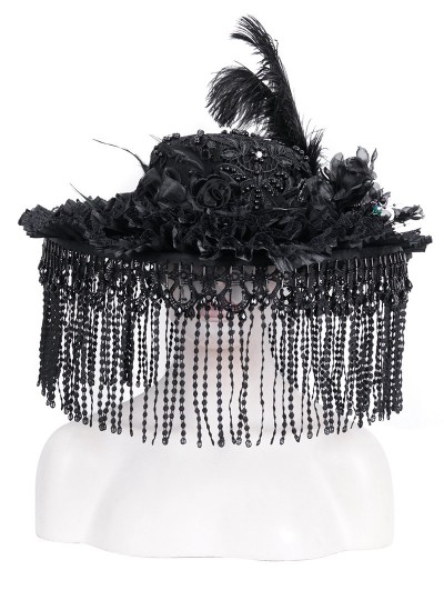 Eva Lady Black Vintage Gothic Victorian Beaded Tassel Feather Hat for Women