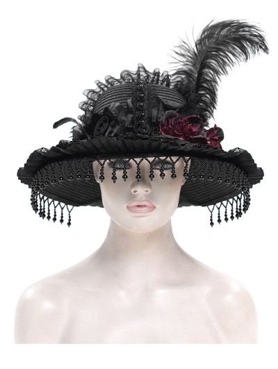 Eva Lady Black Vintage Gothic Victorian Beaded Fringe Trim Feather Hat for Women