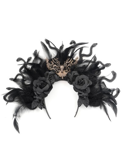 Eva Lady Black Gothic Gorgeous Serpent Rose Feather Party Headband