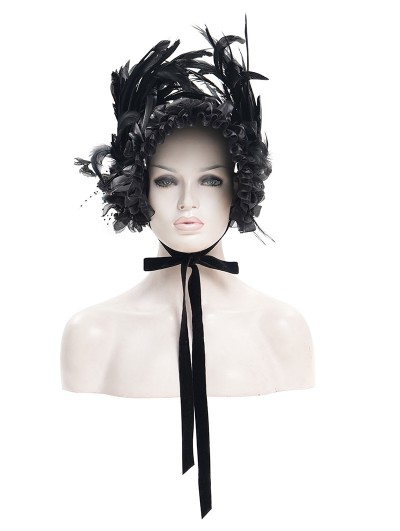 Eva Lady Black Gothic Lace Trim Rose Feather Party Bonnet Headband