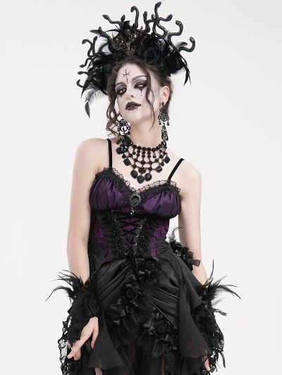 Eva Lady Black and Purple Gothic Ruffle Irregular Hem Strap Overbust Corset Top for Women