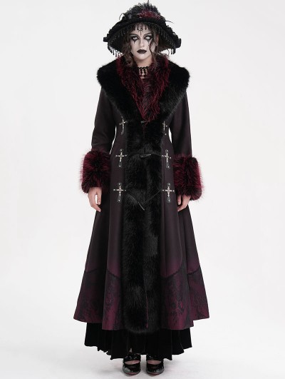 Eva Lady Black and Red Vintage Gothic Lapel Faux Fur Winter Warm Long Coat for Women