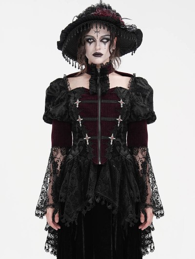 Eva Lady Wine Red Vintage Gothic Lace Splice Velvet Puff Sleeve Jacket for Women