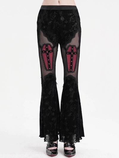 Eva Lady Black Gothic Rose Pattern Sexy Mesh Patchwork Flared Pants for Women