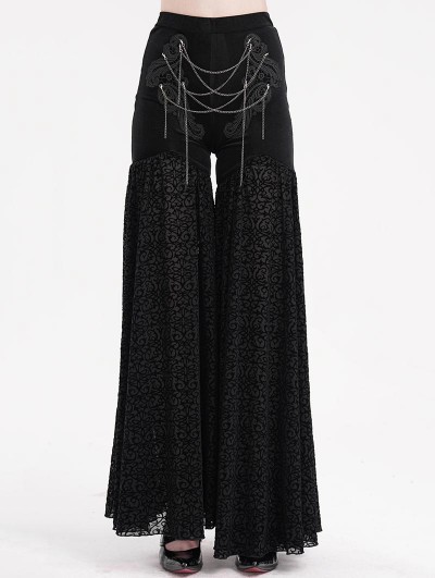 Eva Lady Black Gothic Punk Retro Floral Embroidery Wide Leg Pants for Women